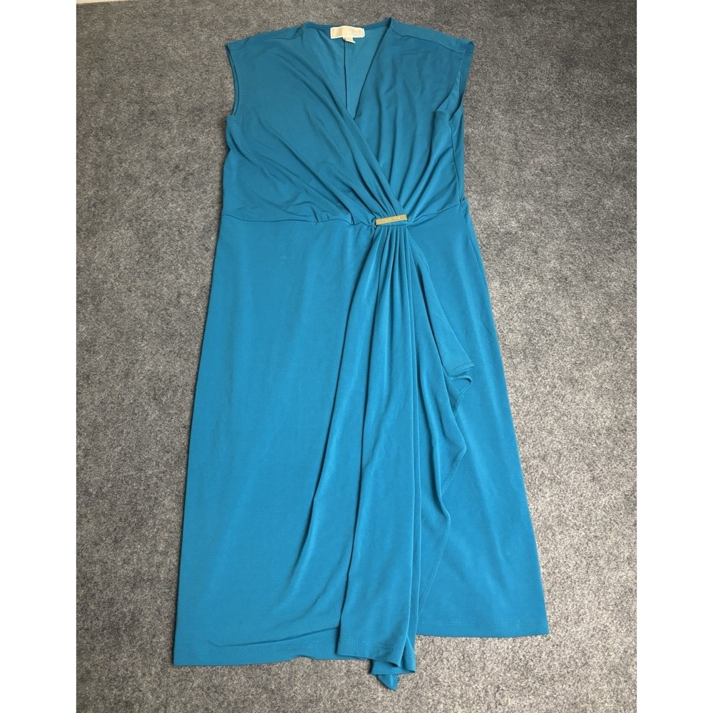 Michael Kors Teal Ruched Wrap Midi Dress Women's M Cocktail Career. A4